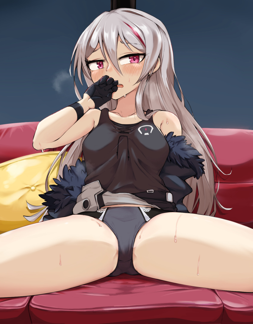 1girl black_coat black_gloves black_panties blush coat couch feather-trimmed_coat girls'_frontline gloves grey_tank_top highres kuzumotsu long_hair looking_at_viewer multicolored_hair on_couch open_clothes open_coat open_mouth panties purple_eyes red_hair silver_hair sitting solo spread_legs streaked_hair t-cms_(girls'_frontline) tank_top two-tone_hair underwear