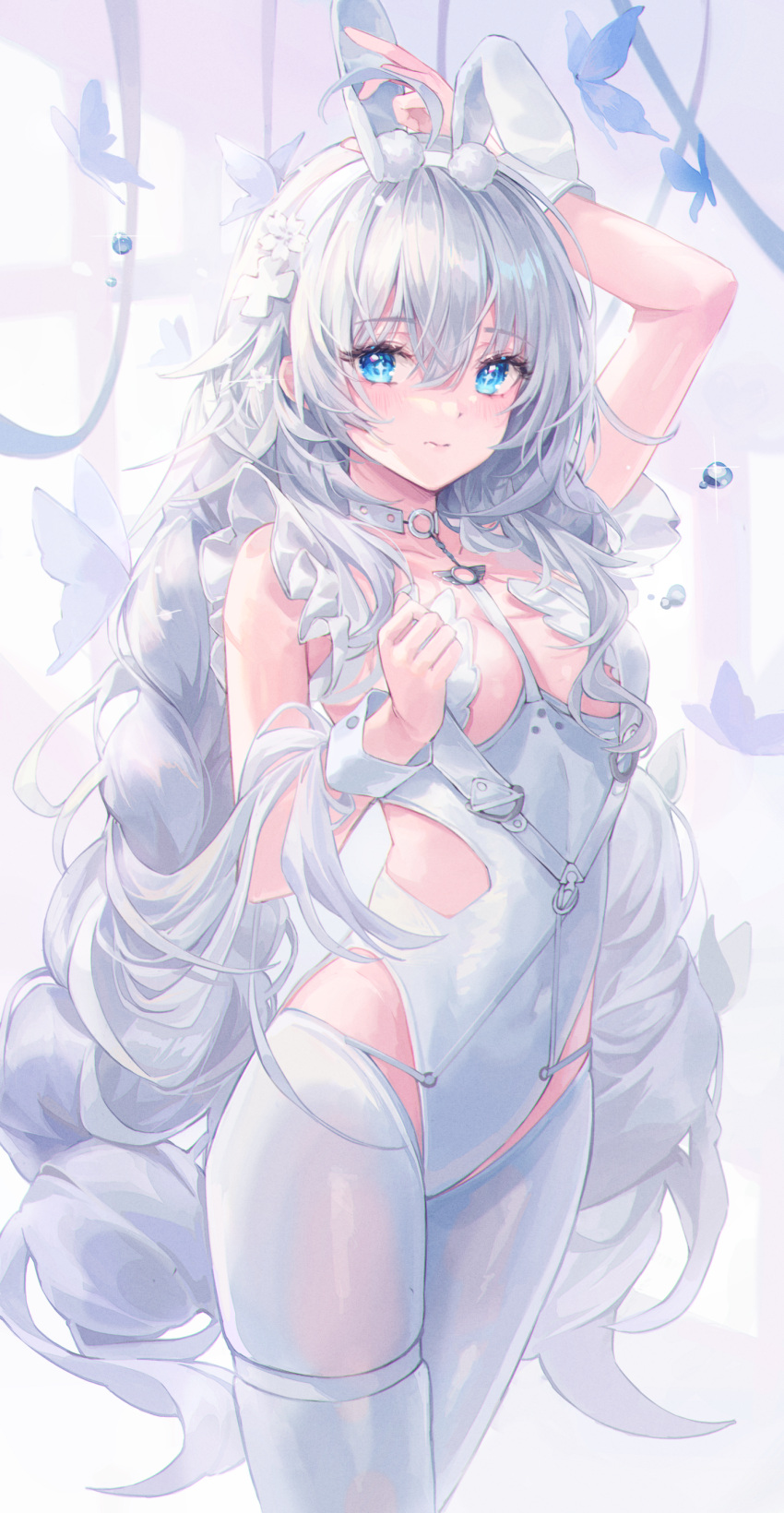 +_+ 1girl absurdres ahoge animal_ears arm_up azur_lane bangs between_breasts blue_butterfly blue_eyes blush braid breasts bug butterfly closed_mouth commentary eyebrows_visible_through_hair fake_animal_ears hair_between_eyes hair_ornament hairband hand_up highleg highleg_leotard highres le_malin_(azur_lane) le_malin_(listless_lapin)_(azur_lane) leotard long_hair looking_at_viewer lujang_(fudge) official_alternate_costume pantyhose playboy_bunny rabbit_ears revealing_clothes small_breasts solo symbol-only_commentary thigh_strap thighs twin_braids very_long_hair white_hair white_hairband white_legwear white_leotard wrist_cuffs