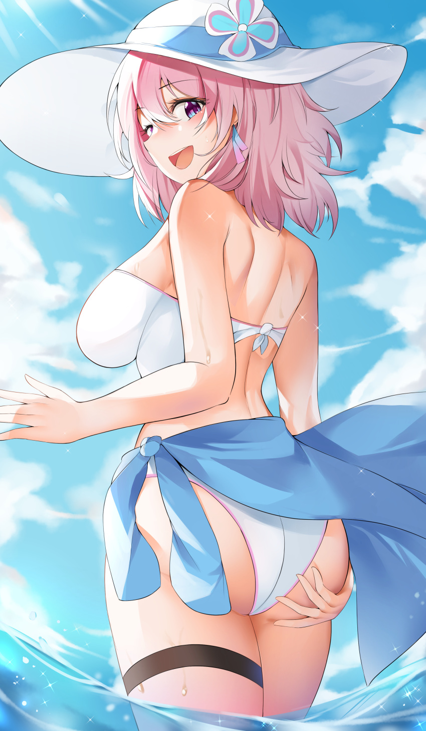 1girl absurdres ass ass_grab back bangs bikini blue_eyes blue_sarong blue_sky breasts character_request cloud commentary_request day eyebrows_visible_through_hair from_behind gr_greeze grabbing_own_ass hair_between_eyes hat highres honkai:_star_rail honkai_(series) large_breasts looking_at_viewer looking_back march_7th_(honkai:_star_rail) medium_hair mixed-language_commentary ocean outdoors pink_hair sarong shoulder_blades sky smile solo sun_hat swimsuit teeth thigh_strap upper_teeth wading wet white_headwear white_swimsuit