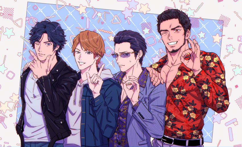 4boys bangs beard belt black_belt black_eyes black_hair black_jacket blue_jacket brown_hair closed_mouth collarbone collared_shirt dress_shirt ear_piercing eyebrow_cut facial_hair grey_jacket hair_slicked_back hand_on_another's_shoulder hand_up higashi_tooru highres hood hood_down hoodie jacket jewelry judge_eyes kaito_masaharu leather leather_jacket long_sleeves looking_at_viewer male_focus mole mole_under_eye multiple_boys necklace ok_sign one_eye_closed orange_shirt parted_bangs piercing pinstripe_jacket purple_shirt shirt smile sugiura_fumiya sunglasses sweatdrop swept_bangs upper_body white_hoodie white_shirt yagami_takayuki yakumo_(ykm)