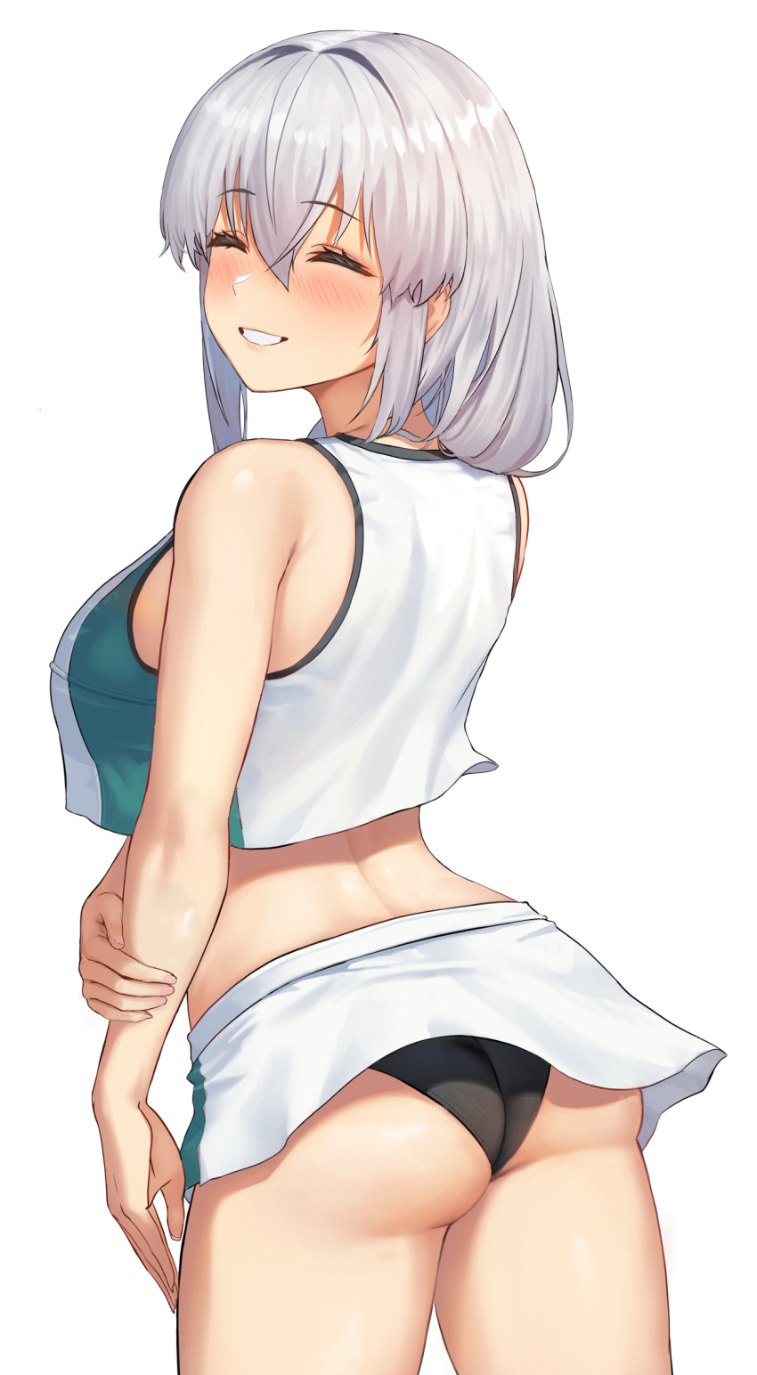 1girl ass azur_lane back black_panties blush breasts bremerton_(azur_lane) bremerton_(azur_lane)_(cosplay) bremerton_(scorching-hot_training)_(azur_lane) closed_eyes cosplay cowboy_shot crop_top from_behind highres k.pumpkin long_hair looking_back mature_female miniskirt panties simple_background skirt smile solo tank_top teeth underwear uzaki-chan_wa_asobitai! uzaki_tsuki white_background white_hair