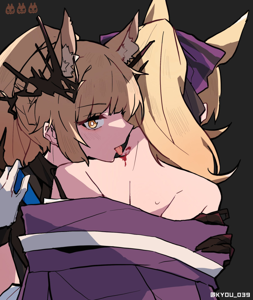 2girls animal_ear_fluff arknights aunt_and_niece bangs bare_shoulders biting black_background black_gloves blemishine_(arknights) blemishine_(moon_catastrborn)_(arknights) blonde_hair blood bow bright_pupils eyebrows_visible_through_hair gloves hair_bow hair_ornament hand_on_another's_shoulder highres horns incest kyou_039 long_hair multiple_girls nape neck_biting off_shoulder official_alternate_costume ponytail pulled_by_self purple_bow simple_background tongue tongue_out twitter_username upper_body whislash_(arknights) whislash_(glory_purple)_(arknights) white_gloves yellow_eyes yuri