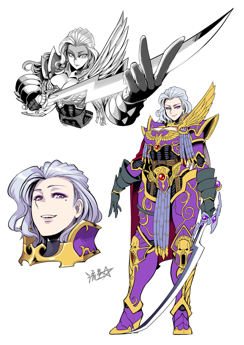 1girl :d armor breasts cleavage closed_mouth commentary contrapposto fulgrim gauntlets genderswap genderswap_(mtf) greaves grey_hair highres holding holding_sword holding_weapon large_breasts long_hair looking_at_viewer mole mole_under_eye multiple_views open_mouth pauldrons pelvic_curtain purple_eyes ryuusei_(mark_ii) shoulder_armor signature simple_background smile smug sword warhammer_40k weapon white_background wide-eyed