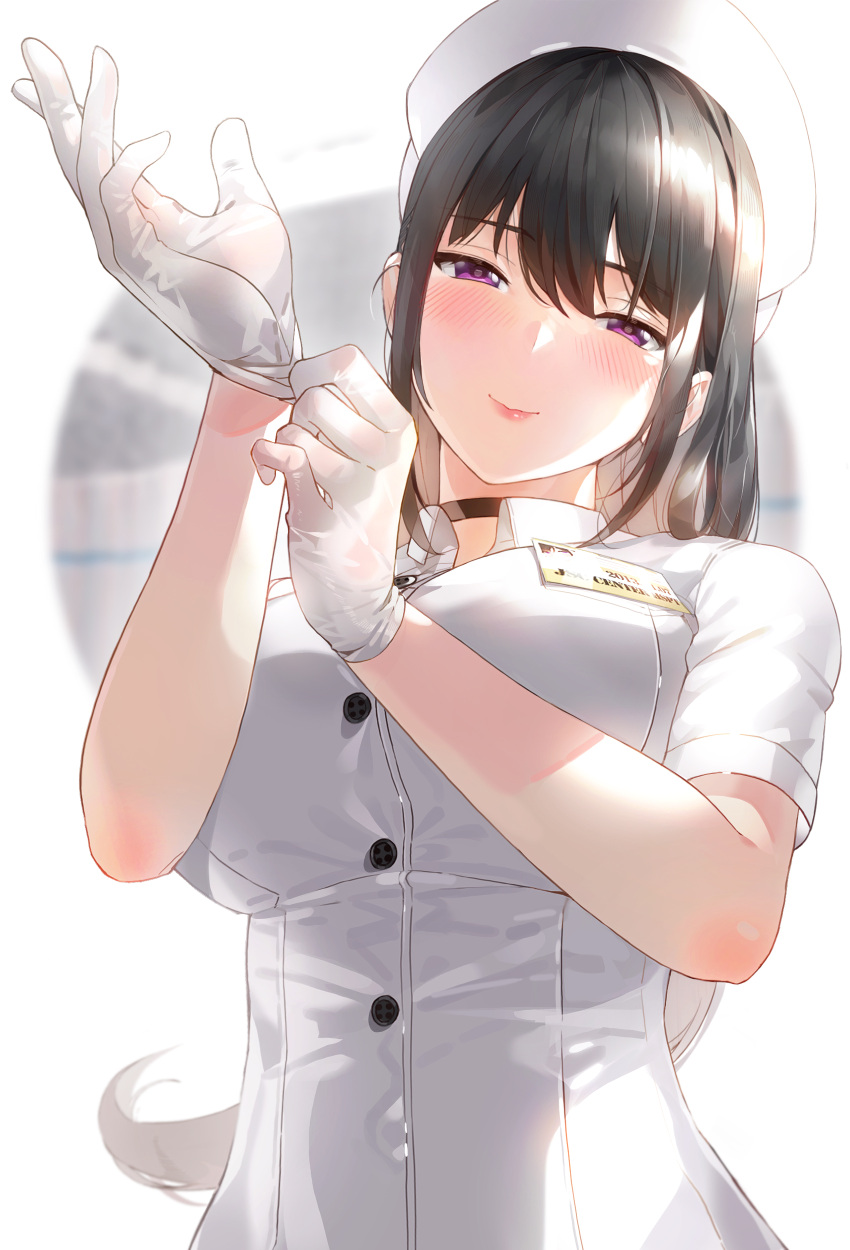 1girl absurdres adjusting_clothes adjusting_gloves bangs black_choker black_hair blush breasts buttons choker closed_mouth commentary english_commentary glove_pull gloves half-closed_eyes hat highres kfr large_breasts long_hair looking_at_viewer name_tag nurse nurse_cap original photoshop_(medium) purple_eyes short_sleeves sidelocks smile solo tareme upper_body white_gloves white_headwear