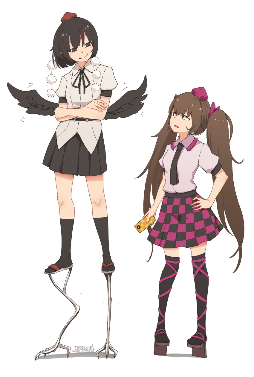 2girls absurdres bird_wings black_eyes black_hair black_legwear black_necktie black_skirt black_wings breasts brown_hair checkered checkered_skirt commentary frilled_shirt_collar frills full_body geta grin hand_on_hip hat height_difference highres himekaidou_hatate kneeling knees long_hair looking_down looking_up low_wings medium_breasts multiple_girls necktie phone pom_pom_(clothes) puffy_short_sleeves puffy_sleeves purple_skirt red_eyes sandals senzaicha_kasukadoki shameimaru_aya shirt short_hair short_sleeves signature simple_background skirt smile socks standing stilts tabi tengu tengu-geta tokin_hat touhou two_side_up very_long_hair white_background white_shirt wings