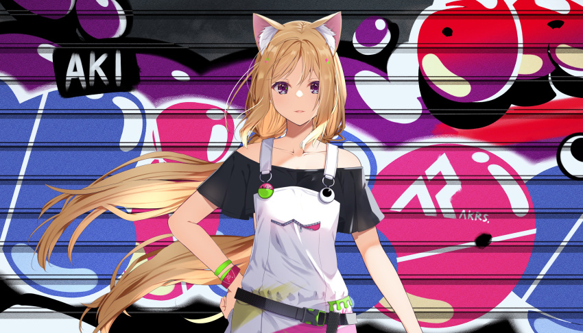 absurdres aki_rosenthal animal_ears bangs belt black_shirt blonde_hair bob_cut borumete bracelet cat_ears graffiti highres hololive jacket jacket_removed jewelry long_hair low_twintails official_alternate_costume official_art overalls parted_bangs purple_eyes shirt twintails virtual_youtuber zipper