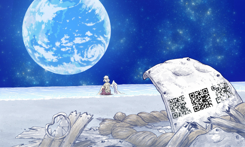 1girl beach beige_jacket bent_over broken_glass broken_window earth_(planet) facing_away from_behind glass highres joyfull_(terrace) kishin_sagume looking_up moon ocean planet qr_code rocket rocket_ship rope shimenawa shore silent_sinner_in_blue single_wing sitting sky space space_craft star_(sky) starry_sky touhou touhou_bougetsushou wings wood wreckage