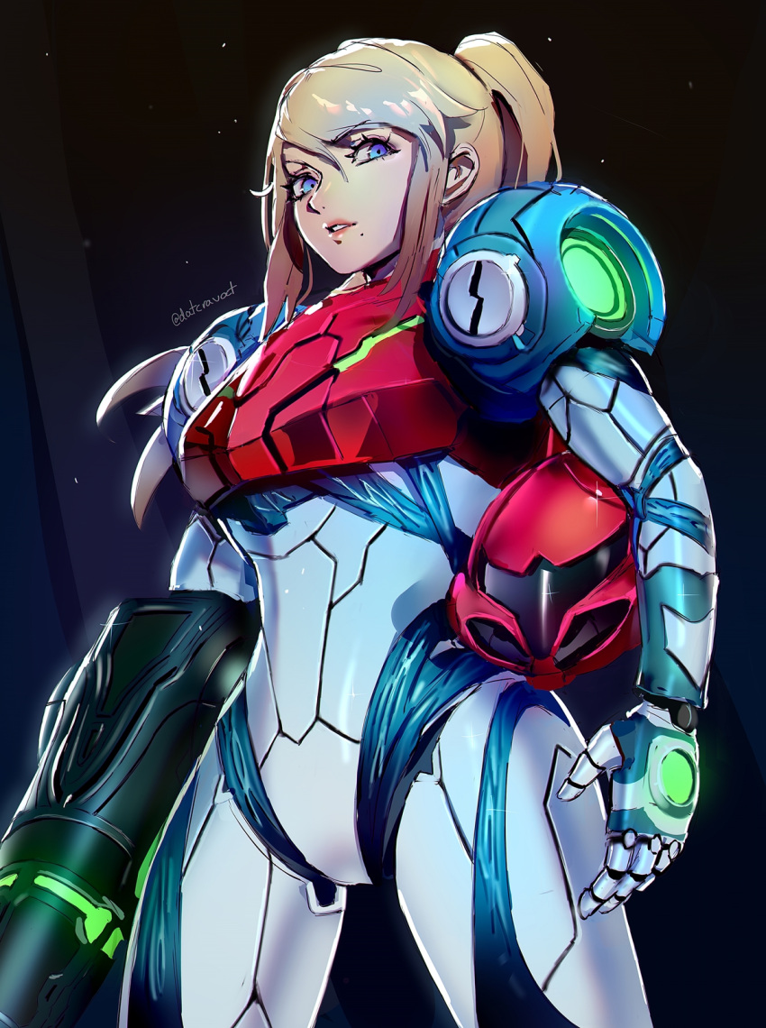 1girl arm_cannon armor bangs blonde_hair blue_eyes datcravat glowing gun helmet highres long_hair looking_at_viewer metroid metroid_dread mole mole_under_mouth ponytail power_armor power_suit samus_aran science_fiction sidelocks simple_background solo visor weapon