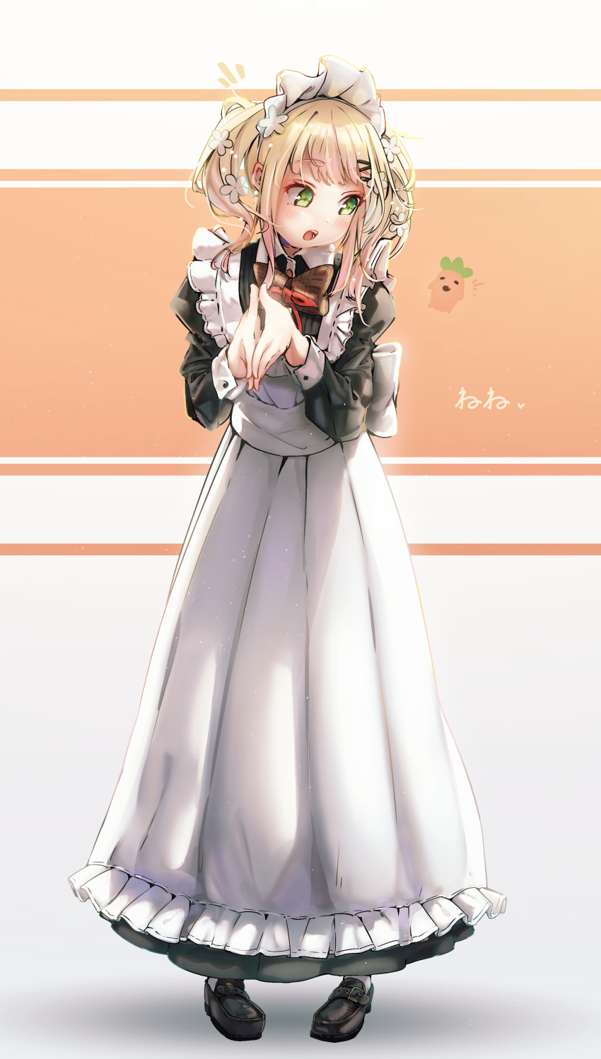 1girl :o absurdres amamami_prime apron black_footwear blonde_hair blush flower frilled_apron frills green_eyes hair_flower hair_ornament highres hololive long_sleeves maid maid_apron maid_headdress mary_janes medium_hair momosuzu_nene open_mouth shoes short_twintails sidelocks simple_background solo standing teeth twintails virtual_youtuber