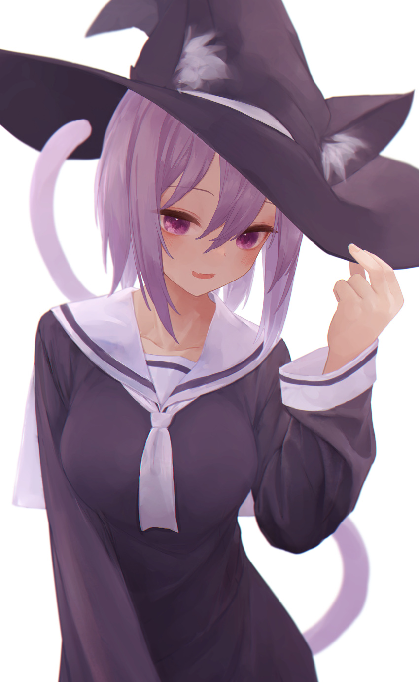 1girl absurdres animal_ears arm_up bangs black_dress black_headwear blush breasts cat_ears cat_girl cat_tail commentary dress ears_through_headwear eyebrows_visible_through_hair hair_between_eyes hand_on_headwear hat highres hololive large_breasts long_sleeves medium_hair nanome_to neckerchief nekomata_okayu purple_eyes purple_hair sailor_collar simple_background solo tail tail_raised virtual_youtuber white_background white_neckerchief white_sailor_collar witch_hat