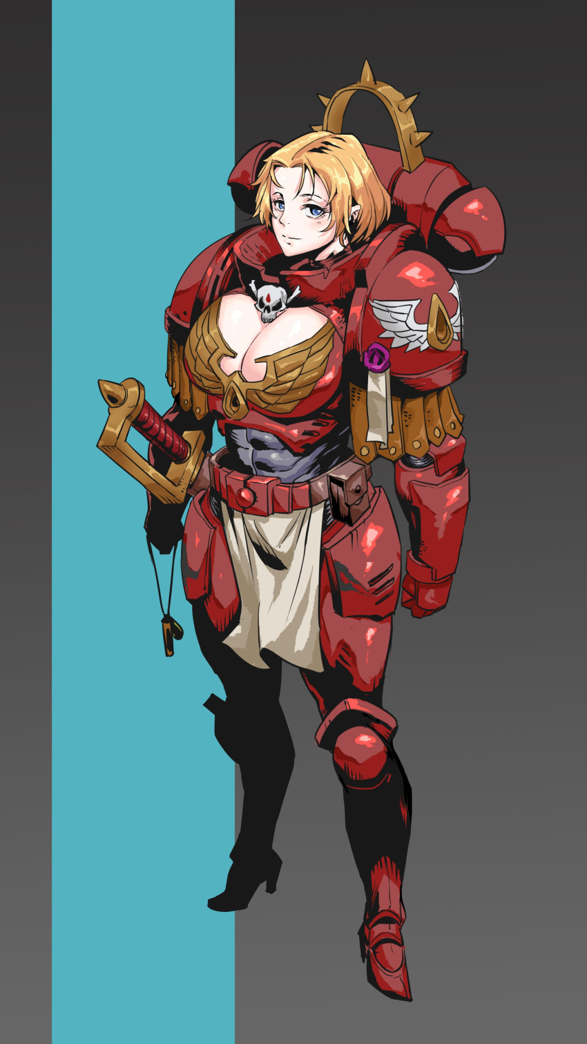 1girl abs absurdres adeptus_astartes aquila_(symbol) armor blonde_hair blood_angels blue_eyes breasts chainsword cleavage cleavage_cutout clothing_cutout full_body genderswap genderswap_(mtf) gradient gradient_background high_heels highres holding large_breasts leather_belt leather_strap looking_at_viewer muscular muscular_female parchment pointy_ears pouch power_armor primaris_space_marine purity_seal red_armor rmulderz sheath sheathed short_hair simple_background skull skull_ornament smile solo spikes studded sword tabard vial warhammer_40k wax_seal weapon