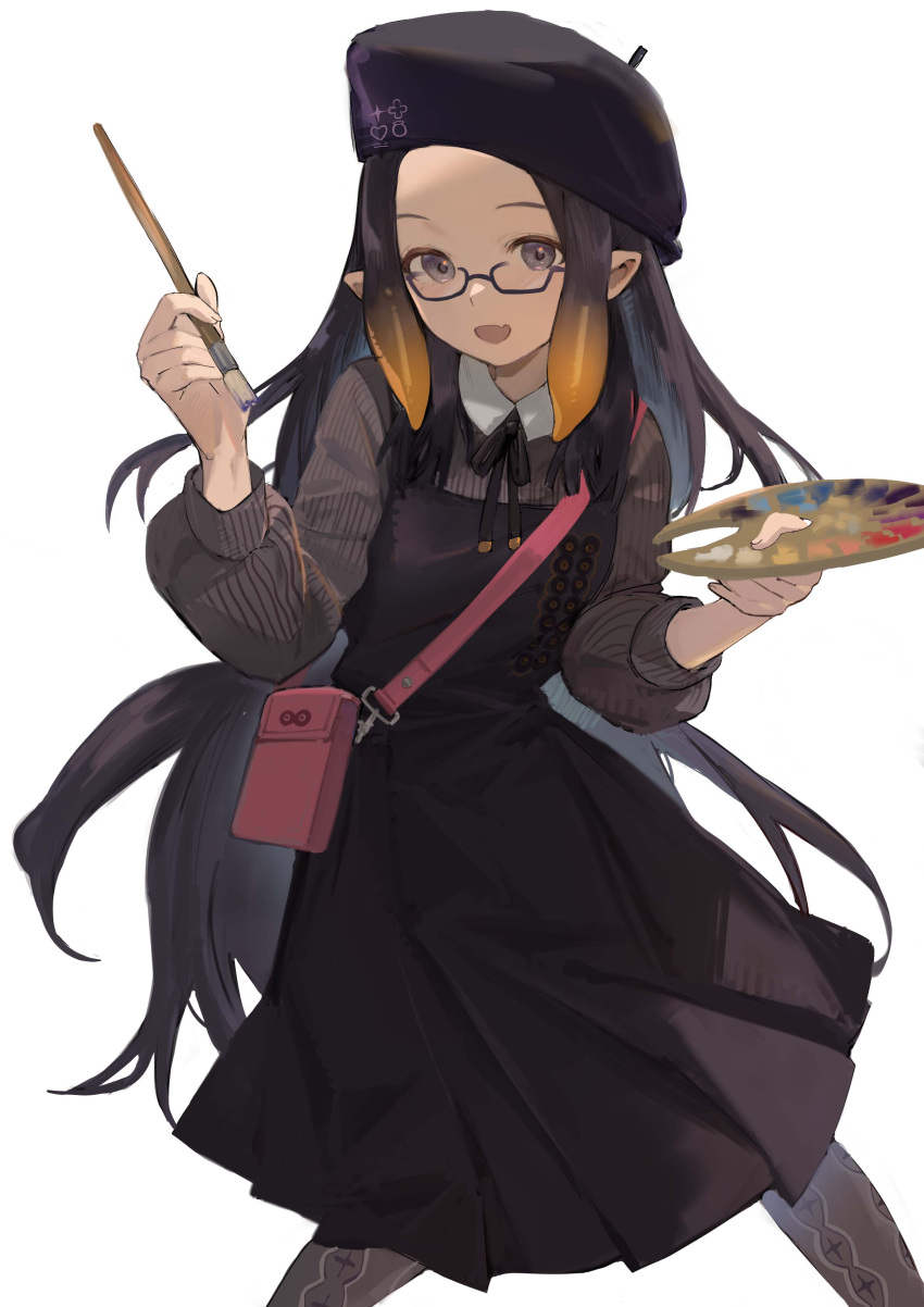 1girl :d absurdres art_brush bag beret black_hair black_headwear black_ribbon collared_shirt commentary cowboy_shot dress english_commentary fang flat_chest forehead glasses gradient_hair grey_eyes grey_legwear grey_shirt handbag hat highres holding holding_paintbrush holding_palette hololive hololive_english long_hair long_sleeves looking_at_viewer multicolored_hair neck_ribbon ninomae_ina'nis official_alternate_costume open_mouth orange_hair paintbrush palette_(object) pantyhose pinafore_dress pink_bag pinstripe_pattern pinstripe_shirt pleated_dress pointy_ears puffy_long_sleeves puffy_sleeves purple-framed_eyewear ribbon shirt sidelocks sideways_hat simple_background skin_fang smile solo striped tentacle_hair tsuiru very_long_hair virtual_youtuber white_background