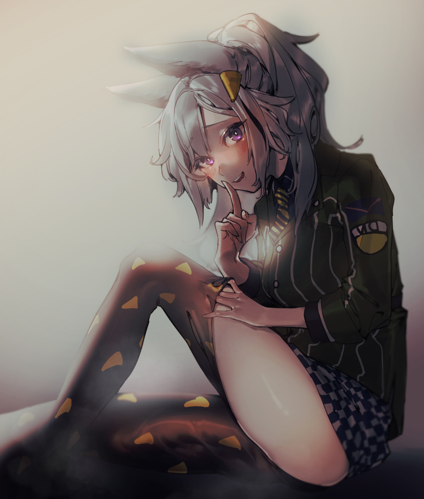 1girl animal_ears arknights black_legwear blue_skirt blush checkered checkered_skirt clothes_pull collared_shirt commentary_request drooling finger_to_mouth food-themed_hair_ornament grani_(arknights) grani_(miraculous_moment)_(arknights) green_shirt grey_hair hair_ornament highres horse_ears knee_up long_hair looking_at_viewer mirin_chikuwa necktie no_tail official_alternate_costume pantyhose pantyhose_pull ponytail purple_eyes shirt shushing sitting skirt solo striped striped_necktie undressing white_skirt yellow_necktie