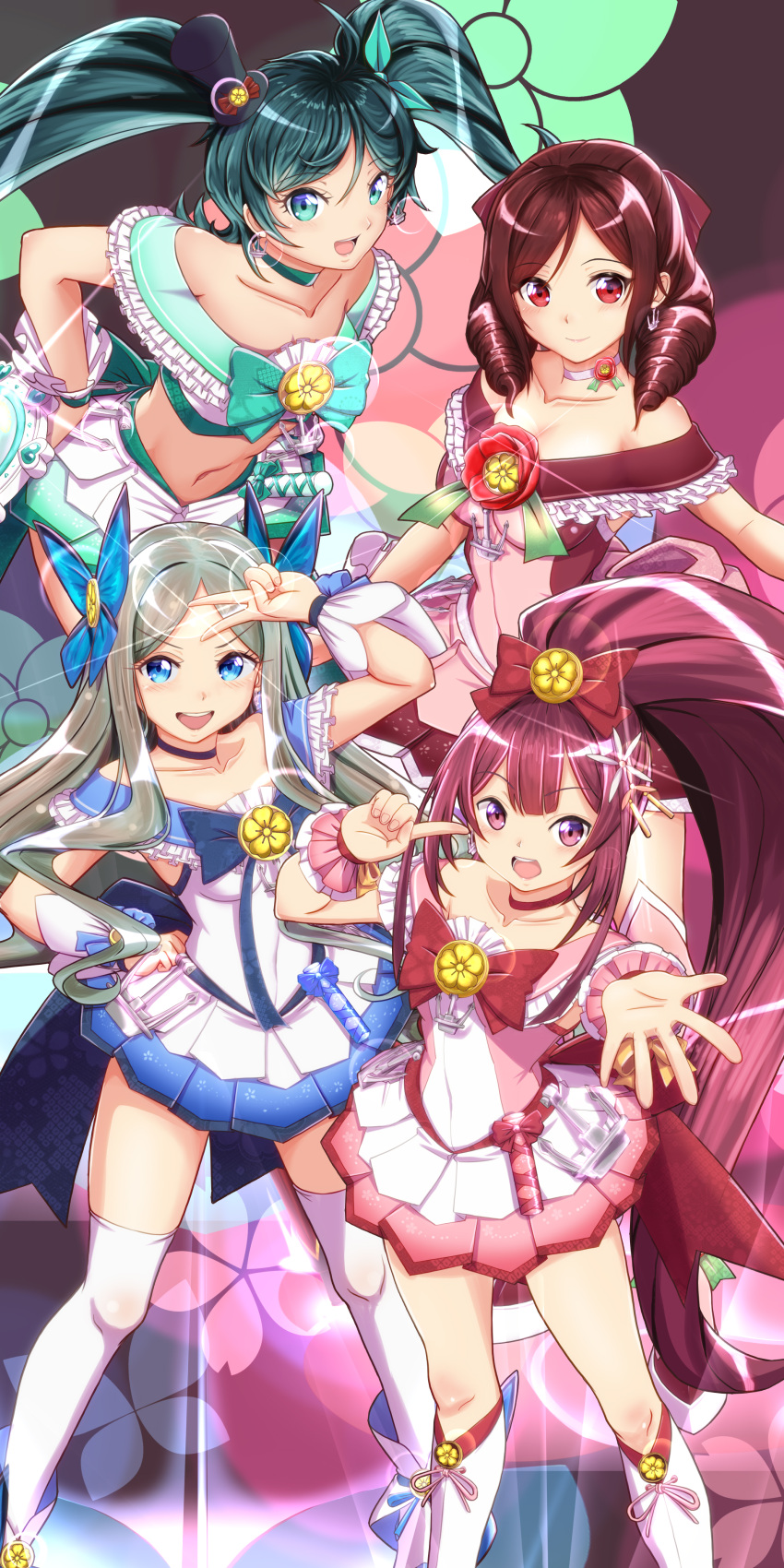 4girls absurdres adapted_costume alternate_costume alternate_hairstyle anchor asakaze_(kancolle) blue_background blue_bow blue_choker blue_eyes blue_skirt blush boots bow brown_hair choker cosplay crop_top cure_blossom cure_blossom_(cosplay) cure_marine cure_marine_(cosplay) cure_sunshine dated dress drill_hair eyebrows_visible_through_hair floral_background forehead full_body gift gradient gradient_background green_skirt hair_bow hair_ornament harukaze_(kancolle) hat heartcatch_precure! high_heel_boots high_heels high_ponytail highres kamikaze_(kancolle) kantai_collection kneehighs light_brown_hair long_hair magical_girl matsukaze_(kancolle) mini_hat moke_ro multiple_girls oil-paper_umbrella open_mouth outstretched_arm pink_background pink_choker pink_dress precure purple_bow purple_eyes purple_footwear purple_hair red_bow red_dress red_eyes shiny_tambourine short_sleeves skirt smile thigh_boots thighhighs tilted_headwear twin_drills twintails twitter_username two-tone_dress umbrella very_long_hair white_dress white_legwear