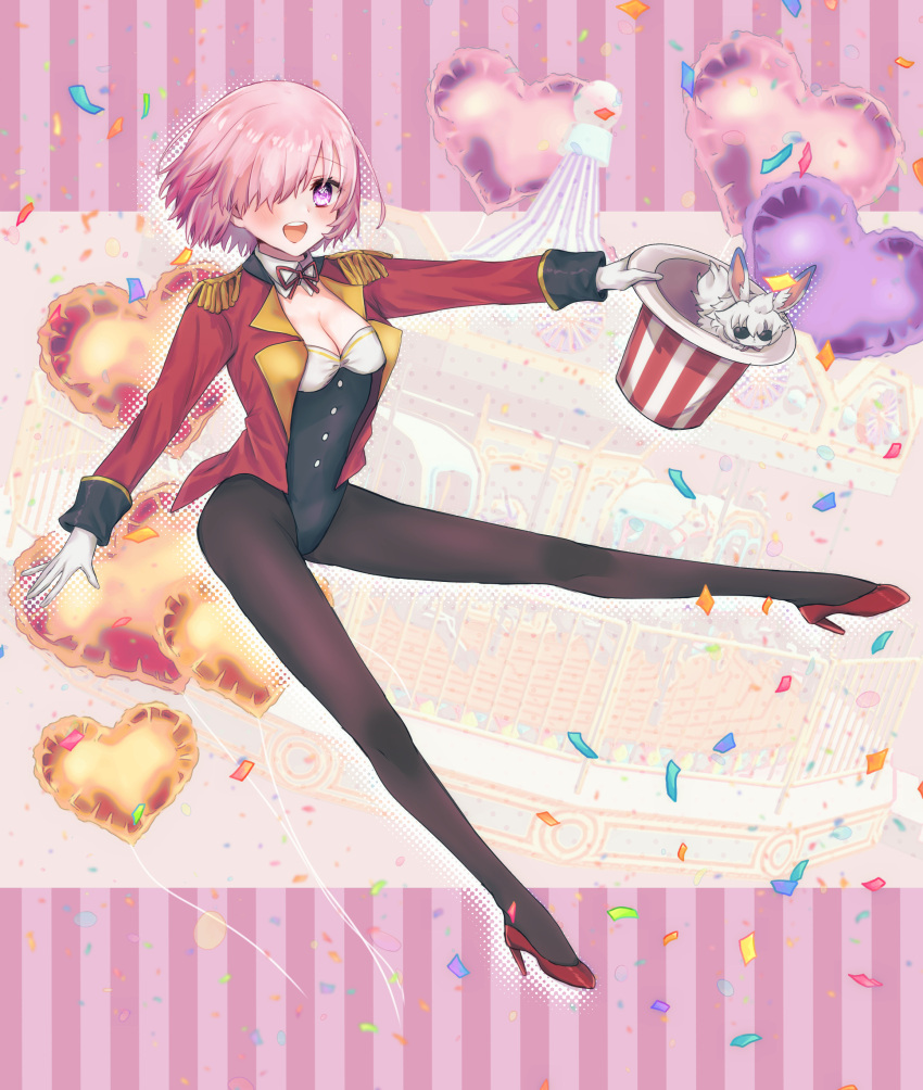 1girl 1other absurdres alternate_costume balloon black_legwear black_leotard blush breasts buttons carousel cleavage commentary_request confetti creature detached_collar epaulettes eyebrows_visible_through_hair fate/grand_order fate/grand_order_arcade fate_(series) fou_(fate) full_body gloves hair_over_one_eye harukappa hat heart_balloon high_heels highres holding holding_clothes holding_hat jacket leotard leotard_under_clothes long_sleeves looking_at_viewer mash_kyrielight medium_breasts neck_ribbon official_alternate_costume one_eye_covered open_clothes open_jacket open_mouth pantyhose pink_hair purple_eyes red_footwear red_jacket red_ribbon ribbon short_hair smile sunglasses teeth tongue top_hat upper_teeth white_gloves