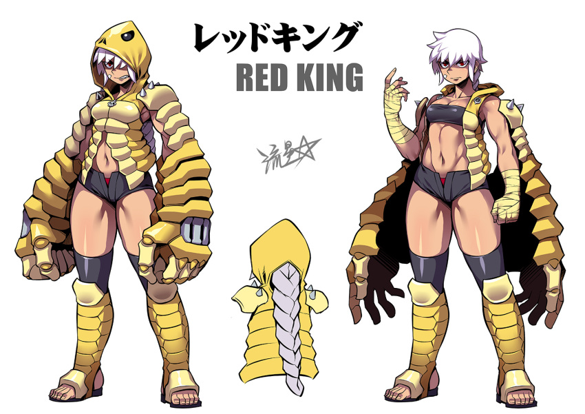 1girl bandaged_arm bandages bandeau black_shorts boots braid character_name clenched_teeth closed_mouth commentary exoskeleton hand_up hood hood_up long_hair micro_shorts multiple_views muscular muscular_female navel oversized_forearms oversized_limbs panties personification red_eyes red_king_(ultra_series) red_panties ryuusei_(mark_ii) shorts signature simple_background single_braid stirrup_footwear strapless teeth toenails toes tube_top ultra_series ultraman_(1st_series) underwear white_background white_hair
