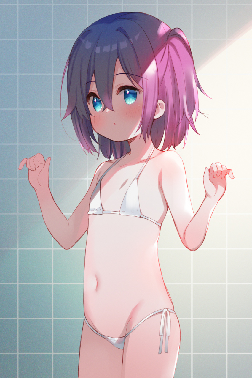 1girl bangs bare_arms bare_shoulders bikini black_hair blue_eyes blush eyebrows_visible_through_hair groin hair_between_eyes hands_up highres looking_at_viewer meito_(maze) navel one_side_up original parted_lips purple_hair side-tie_bikini solo swimsuit tile_wall tiles white_bikini