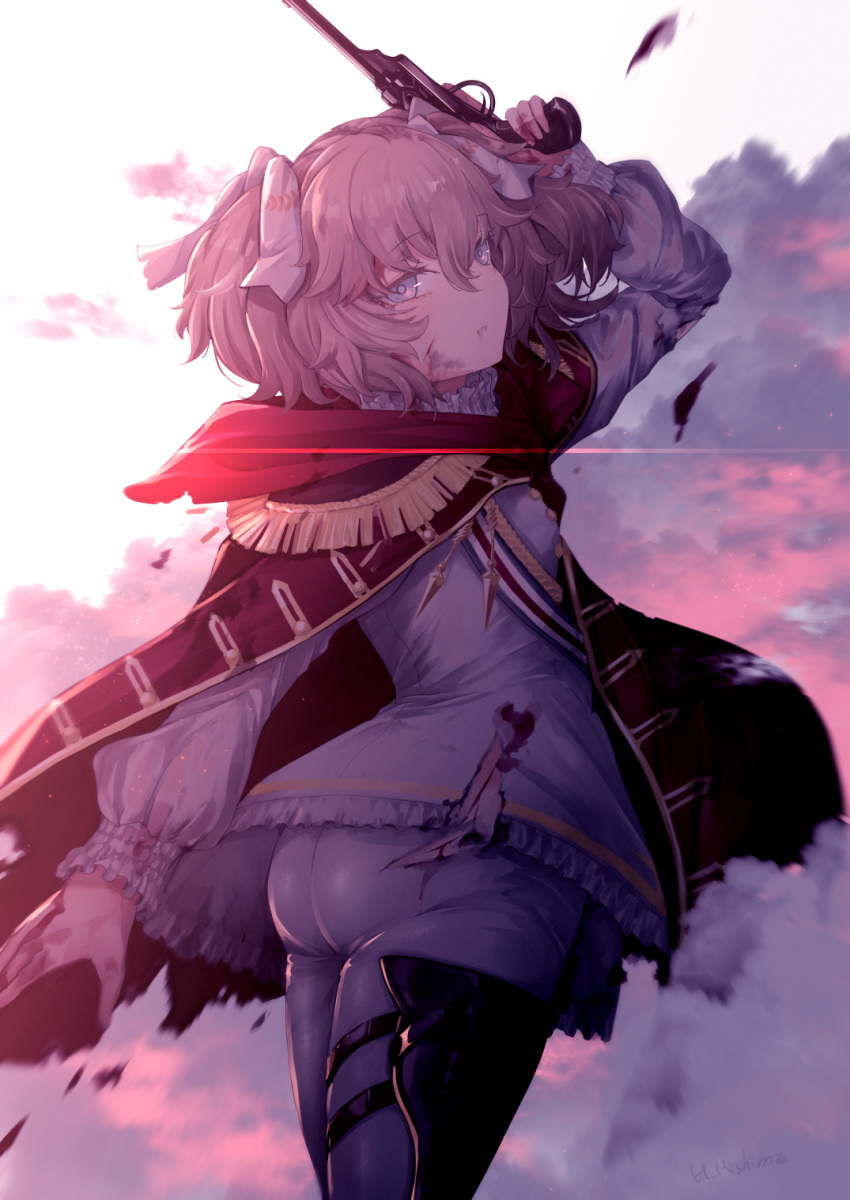 1girl ass blue_eyes brown_hair cape cloud cloudy_sky commentary_request cowboy_shot dirty dirty_face epaulettes girls'_frontline gun hair_between_eyes hair_ribbon highres holding holding_gun holding_weapon long_sleeves looking_at_viewer looking_back mishima_hiroji outdoors red_cape revolver ribbon short_hair signature sky solo sunset trigger_discipline two_side_up weapon webley_(girls'_frontline) webley_revolver white_legwear