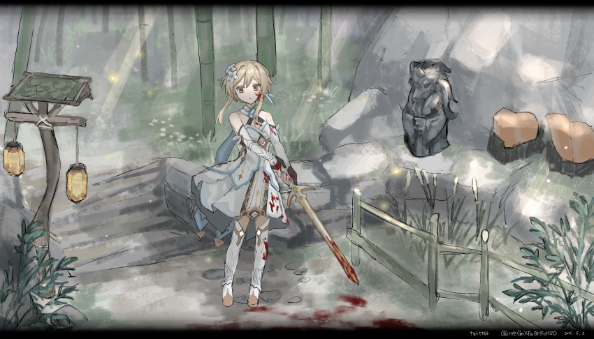 1girl absurdres bangs black_gloves blonde_hair blood blood_on_clothes blood_on_face blood_on_shoes blood_on_weapon blood_splatter boots bush dress expressionless feather_hair_ornament feathers fence forest genshin_impact gloves hair_ornament highres in-universe_location lantern lumine_(genshin_impact) nature path scarf sidelocks solo statue stone_floor thigh_boots thighhighs weapon white_dress white_footwear white_scarf yellow_eyes yoooichang