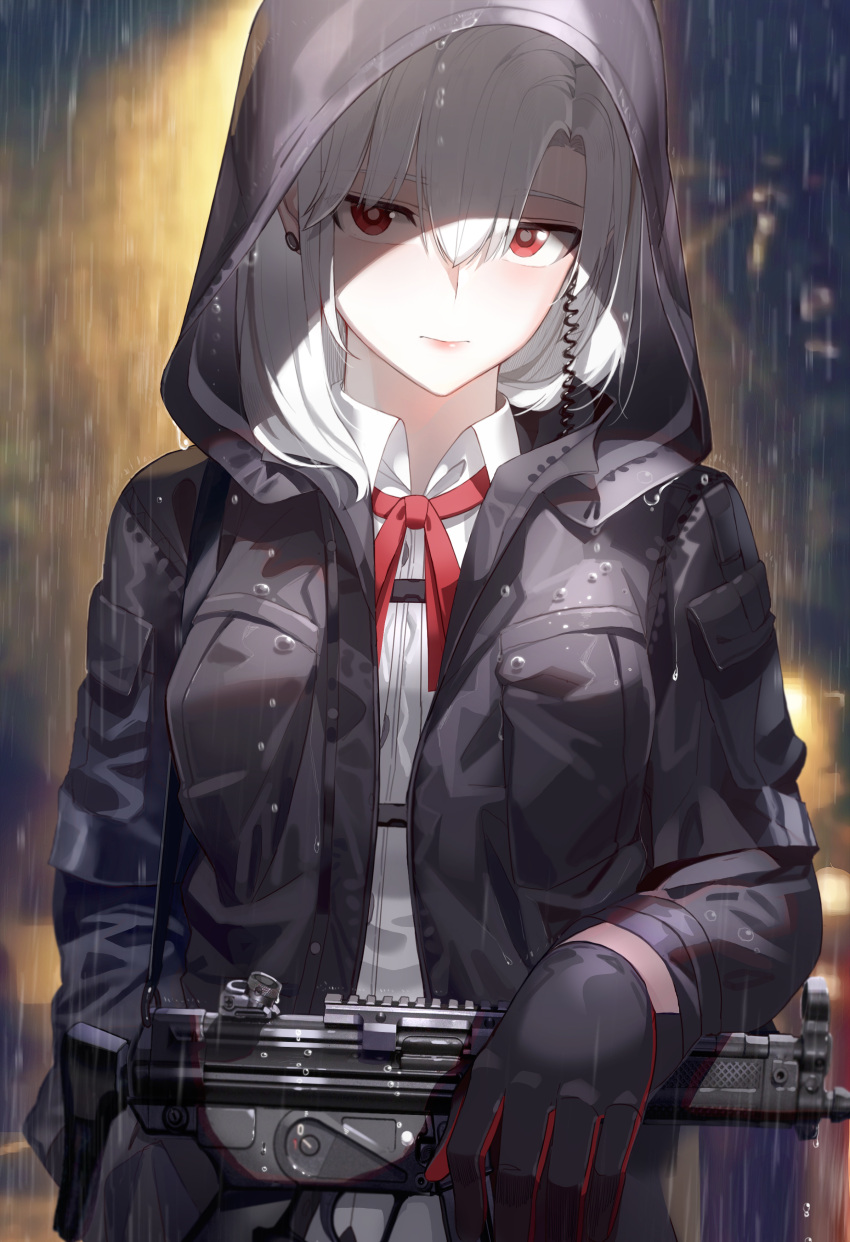 1girl absurdres bangs black_gloves black_jacket closed_mouth collared_shirt commentary earrings english_commentary gloves gun h&amp;k_mp5 hair_between_eyes highres holding holding_gun holding_weapon hood hood_up hooded_jacket jacket jewelry kfr long_hair looking_at_viewer neck_ribbon open_clothes open_jacket original photoshop_(medium) red_eyes red_gloves red_neckwear red_ribbon ribbon shirt submachine_gun two-tone_gloves weapon white_hair white_shirt
