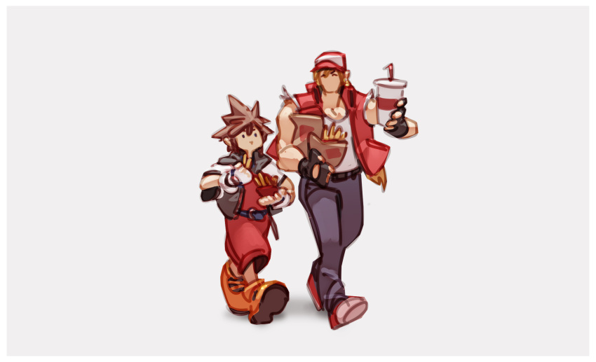 2boys baseball_cap blonde_hair cropped_jacket cup denim disposable_cup eating fatal_fury food french_fries french_text grey_background hat highres jeans kingdom_hearts kingdom_hearts_i male_focus multiple_boys nin_nakajima no_mouth pants shoes short_jumpsuit simple_background sneakers solid_circle_eyes sora_(kingdom_hearts) spiked_hair super_smash_bros. terry_bogard the_king_of_fighters walking yellow_footwear