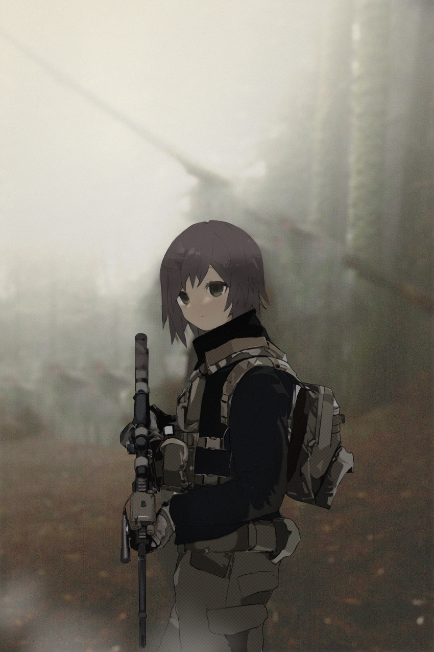 1girl absurdres assault_rifle backpack bag black_jacket blurry blurry_background brown_hair brown_pants closed_mouth commentary_request cowboy_shot dmj_neco expressionless from_side gloves green_eyes gun highres holding holding_gun holding_weapon jacket long_sleeves m4_carbine original outdoors pants rifle short_hair solo tactical_clothes weapon