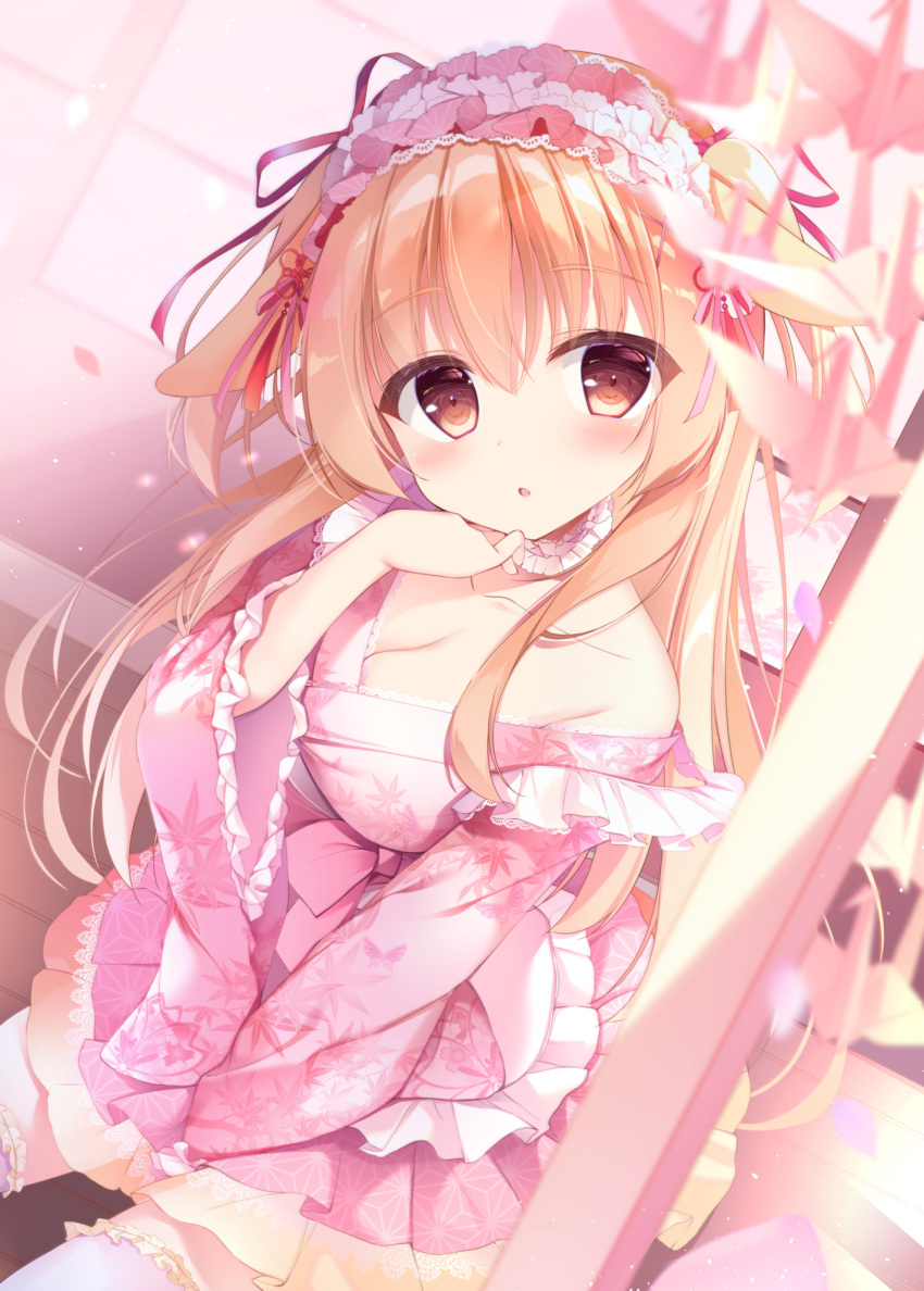 1girl bangs blonde_hair blush bow breasts choker cleavage collarbone dress feet_out_of_frame frilled_choker frilled_hairband frilled_kimono frilled_legwear frills hairband highres japanese_clothes kimono lace_trim leaf_print long_hair looking_at_viewer maple_leaf_print medium_breasts off_shoulder on_floor origami original paper_crane parted_lips pink_bow pink_kimono pleated_dress shirosei_mochi shouji sitting sliding_doors solo thighhighs two_side_up white_legwear wooden_floor yellow_eyes