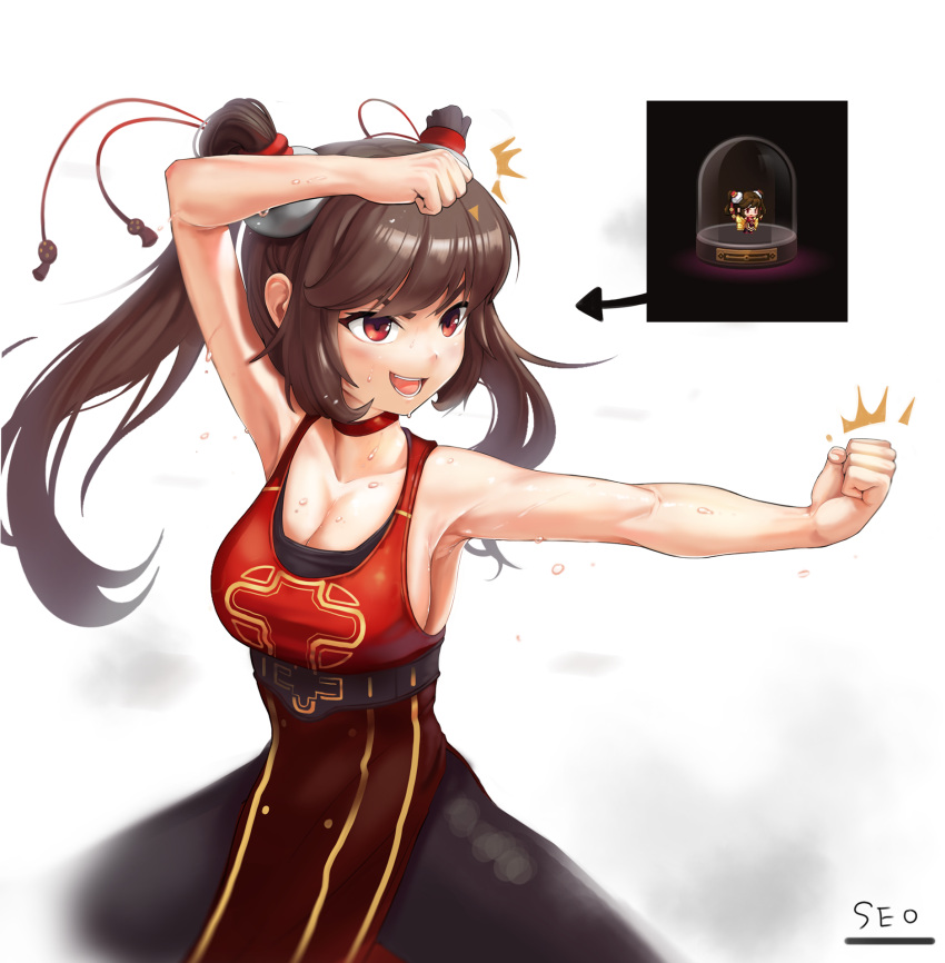 1girl arms_up artist_name breasts brown_hair cleavage clenched_hands flying_sweatdrops guardian_tales highres korean_commentary kung_fu_master_mei long_hair looking_to_the_side medium_breasts official_alternate_costume open_mouth red_eyes seo_(tqhgud016) sideboob simple_background sleeveless smile sweat training twintails white_background