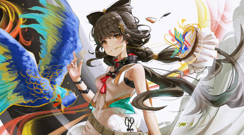 1girl bangs bare_shoulders bird braid breasts brown_eyes brown_hair commentary_request di_qi_gang_guang dress embroidery_hoop eyebrows_visible_through_hair girls'_frontline girls'_frontline_neural_cloud grin hair_ornament hair_rings highres long_hair looking_at_viewer medium_breasts mouth_hold qbu-88_(girls'_frontline) sleeveless smile solo thread upper_body white_dress