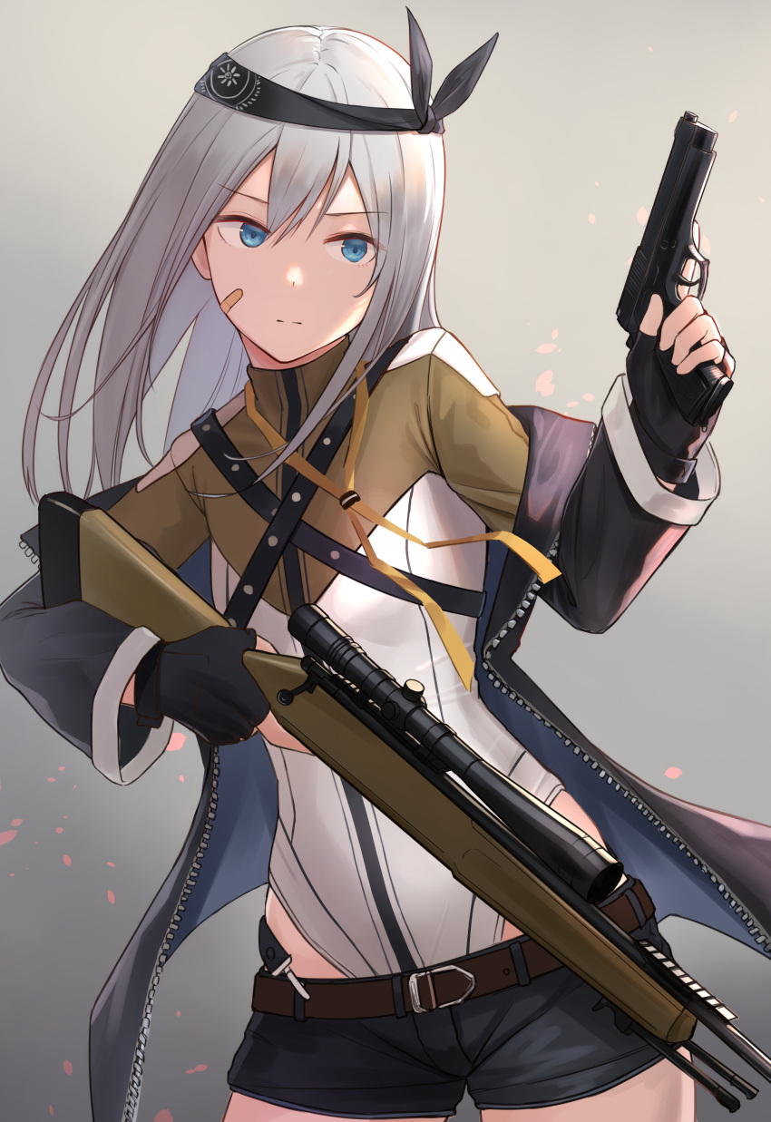 1girl absurdres bandaid bandaid_on_cheek bandaid_on_face bandana bangs belt black_bandana black_gloves black_jacket black_shorts blue_eyes bolt_action commentary_request cowboy_shot dual_wielding fingerless_gloves girls'_frontline gloves gradient gradient_background gun handgun highres holding holding_gun holding_weapon jacket leotard long_hair off_shoulder rifle scope shorts silver_hair sniper_rifle solo tadano_tarako trigger_discipline weapon xm3_(girls'_frontline) zipper