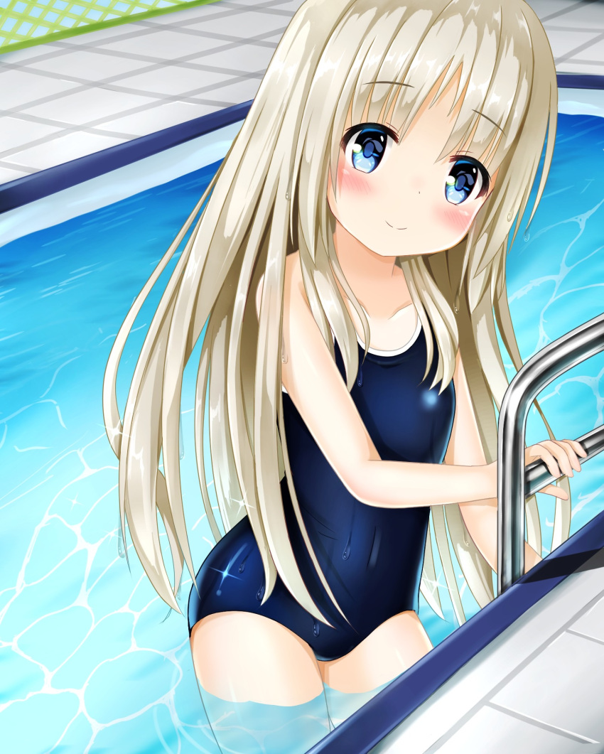 1girl 71139 blue_eyes blue_swimsuit blush brown_hair covered_navel highres kud_wafter ladder little_busters! long_hair noumi_kudryavka one-piece_swimsuit outdoors partially_submerged pool school_swimsuit smile solo swimsuit thighs water