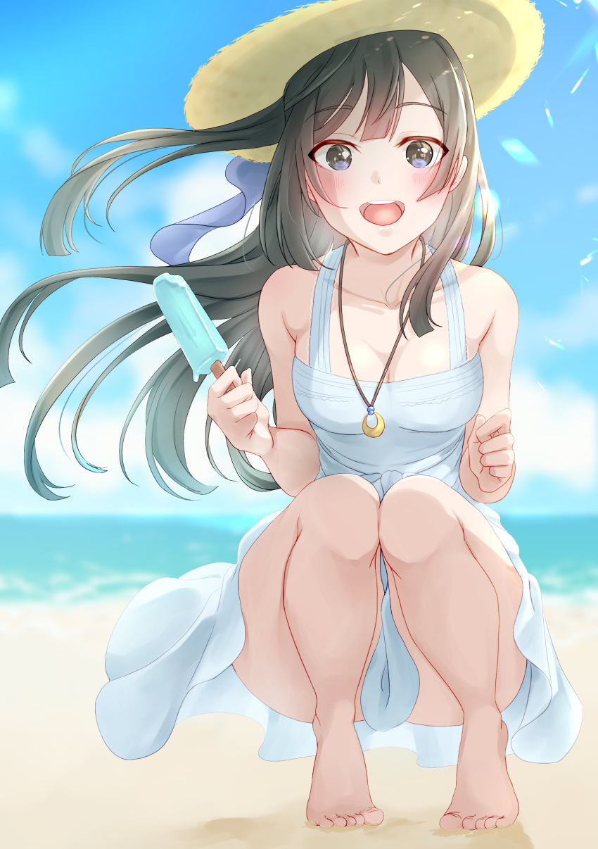 1girl :d absurdres bare_shoulders barefoot beach black_hair blurry blurry_background blush bokeh breasts cleavage clenched_hand cloud collarbone depth_of_field dress eyebrows_visible_through_hair feet food full_body grey_eyes hair_between_eyes hair_ribbon hat highres holding holding_food jewelry knees_together_feet_apart kobayashi_nyoromichi long_hair love_live! mogyutto_"love"_de_sekkin_chuu! necklace open_mouth popsicle ribbon sand sky smile solo squatting sundress teeth toes upper_teeth waves white_dress yuuki_setsuna_(love_live!)