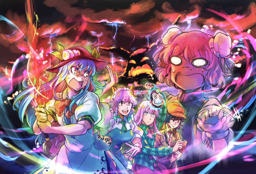 6+girls animal_ears arm_up beret black_hair blue_hair blue_shirt bow braid breasts brown_jacket chain checkered checkered_shirt cloud cloudy_sky commentary_request cuffs dog_ears double_bun expressionless flaming_sword flaming_weapon fruit_hat_ornament giant giantess green_bow hair_ribbon hat hata_no_kokoro highres hinanawi_tenshi horns ibaraki_kasen ibuki_suika izayoi_sakuya jacket large_breasts lightning looking_back maid maid_headdress mask mask_on_head motion_lines multiple_girls necktie notebook one_eye_closed oni_horns open_mouth peach_hat_ornament pen pink_eyes pink_hair pink_skirt pouch red_bow red_eyes red_necktie ribbon scared shackles shameimaru_aya shirt short_hair silver_hair skirt sky solid_oval_eyes sweatdrop sword_of_hisou teeth tongue tongue_out touhou tress_ribbon twin_braids upper_body upper_teeth yutarou