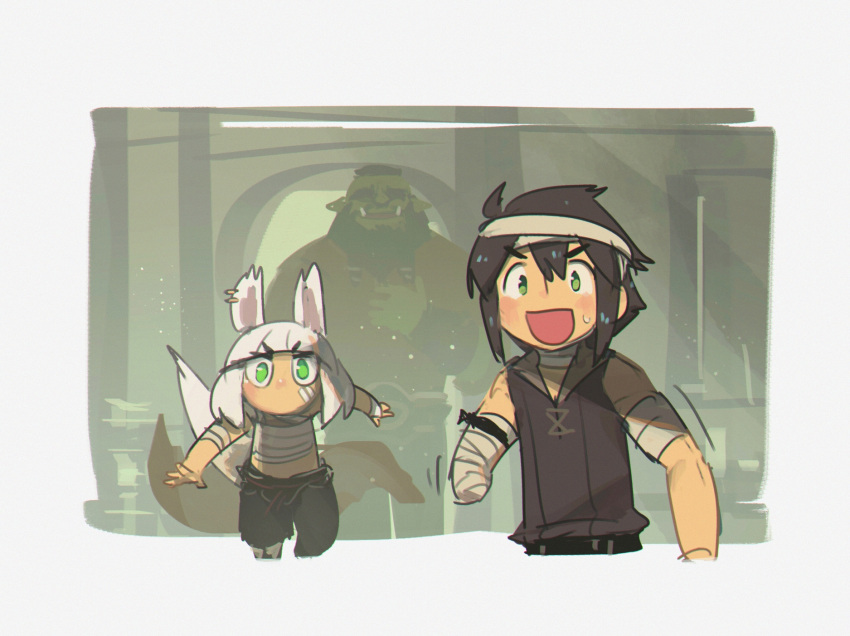 1girl 2boys :d amputee animal_ears bandages brown_hair colored_skin earrings eyebrows_visible_through_hair green_eyes green_skin hand_on_own_chest highres jewelry multiple_boys open_mouth orc original porforever relief smile tail tusks white_hair