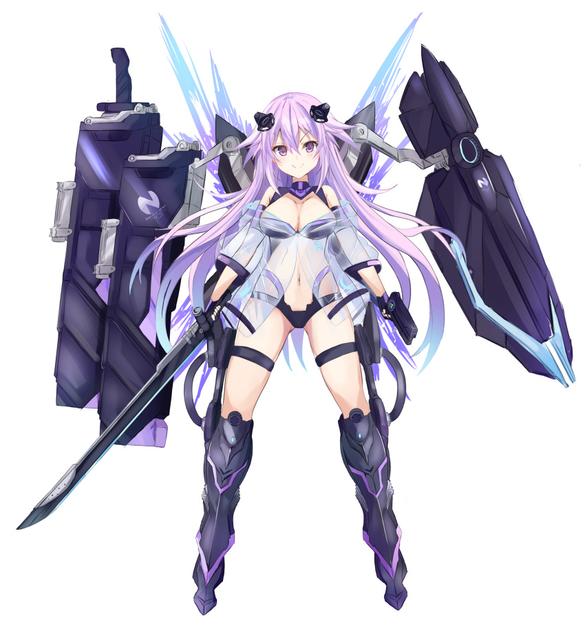 1girl absurdres adult_neptune armored_boots ass_visible_through_thighs bare_shoulders bimmy black_legwear black_leotard blue_hair boots cleavage_cutout clothing_cutout dual_wielding energy_wings floating floating_object floating_sword floating_weapon full_body gradient_hair gun hair_between_eyes headgear highres holding holding_gun holding_sword holding_weapon jacket knee_boots legs_apart leotard long_hair midriff multicolored_hair navel neptune_(series) off_shoulder purple_eyes purple_hair revealing_clothes see-through see-through_jacket simple_background smile solo standing sword thigh_strap two-tone_hair very_long_hair weapon white_background