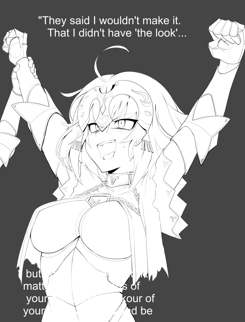 1girl absurdres ahoge arms_up chain clenched_hands commentary_request english_text fate/grand_order fate_(series) gauntlets greyscale headpiece highres jeanne_d'arc_(alter)_(fate) jeanne_d'arc_(fate) monochrome open_mouth parody sally_(luna-arts) teeth victory_pose