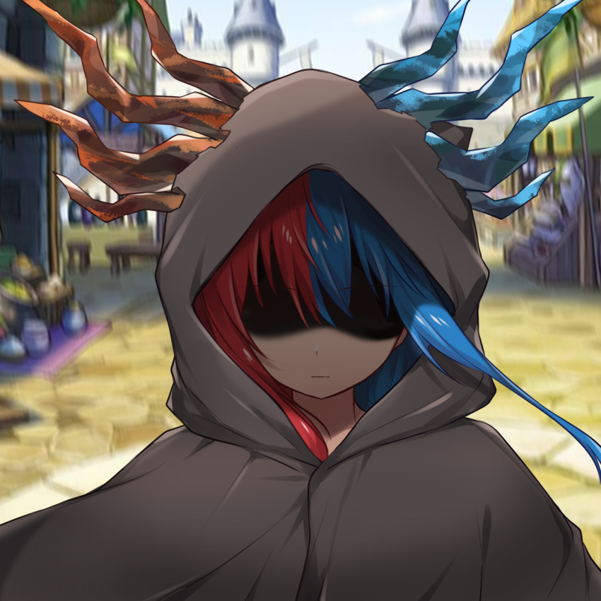 1girl bangs blue_eyes blue_fire blue_hair blue_horns blurry blurry_background bright_pupils castle cloak commission commissioner_upload day dragon_girl dragon_horns expressionless eyebrows_visible_through_hair fire food highres hood hood_up hooded_cloak horns inferna_dragnis long_hair looking_at_viewer market market_stall monster_girl multicolored_hair no_eyes original outdoors pale_skin shaded_face shield solo split-color_hair standing two-tone_hair usagi1923 white_pupils