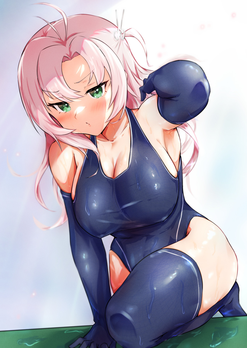 1girl absurdres black_gloves black_legwear black_swimsuit breasts commentary_request competition_swimsuit dou_tanuki elbow_gloves gloves green_eyes hair_tie highres kantai_collection kinugasa_(kancolle) large_breasts one-piece_swimsuit one_side_up pink_hair remodel_(kantai_collection) solo swimsuit thighhighs wet