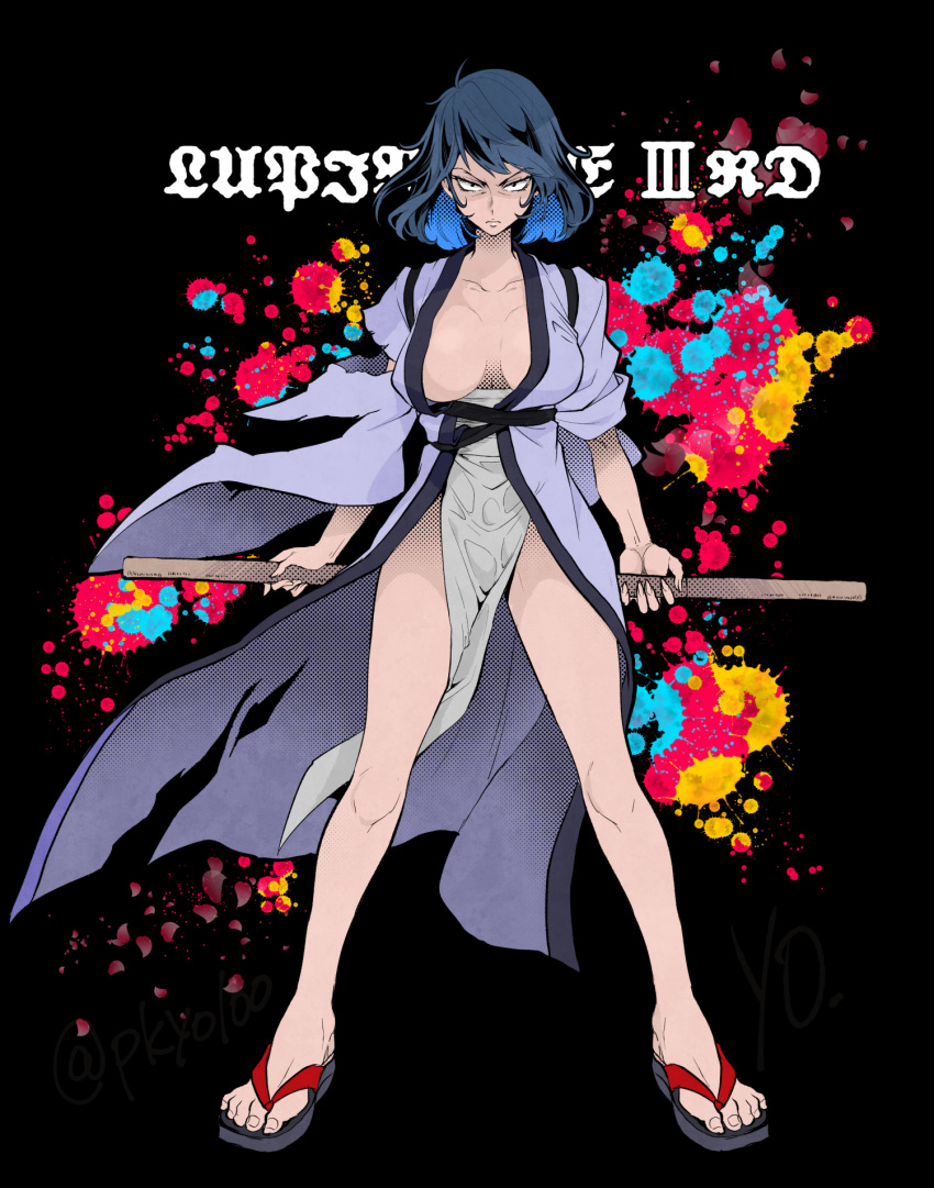 1girl black_hair blue_hair breasts collarbone colored_inner_hair commentary_request constricted_pupils copyright_name full_body genderswap genderswap_(mtf) highres ishikawa_goemon_xiii japanese_clothes kataginu kimono large_breasts long_legs looking_at_viewer lupin_iii marimo_(yousei_ranbu) multicolored_hair no_bra open_clothes open_kimono pelvic_curtain purple_kimono sandals sash short_hair solo standing toenails toes torn_clothes torn_kimono tsurime