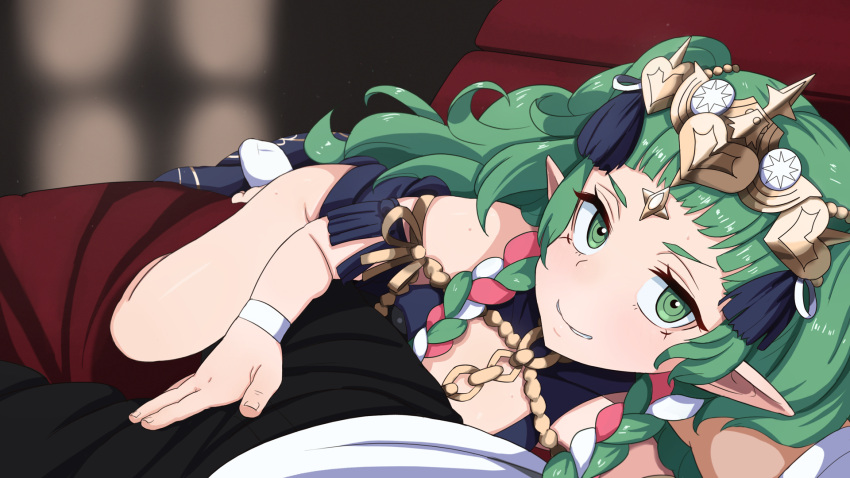1boy 1girl bangs black_pants blunt_bangs braid commission fire_emblem fire_emblem:_three_houses green_eyes green_hair grin hand_on_another's_crotch hetero highres long_hair looking_at_viewer novcel pants pointy_ears pov ribbon_braid side_braids smile solo_focus sothis_(fire_emblem) tassel tiara