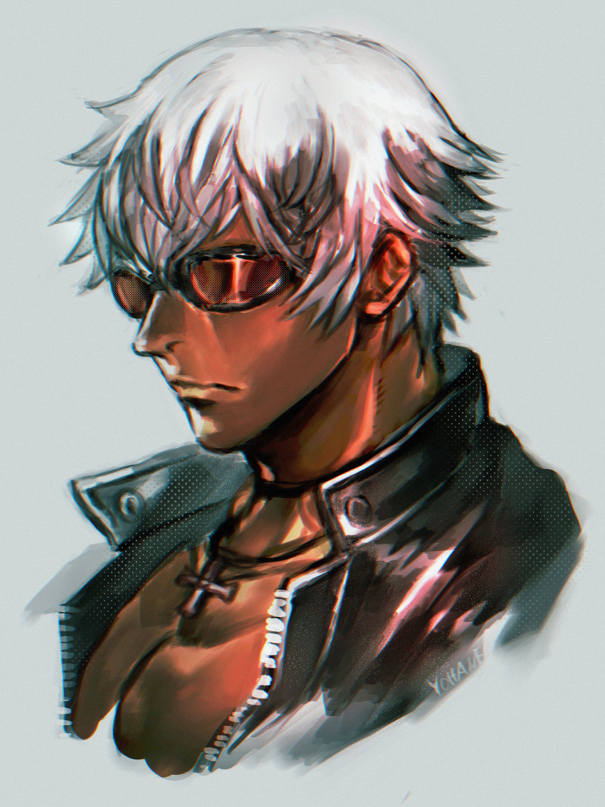 1boy absurdres artist_name bangs black-framed_eyewear closed_mouth cross dark-skinned_male dark_skin grey_background highres jewelry k'_(kof) male_focus pendant red-tinted_eyewear short_hair silver_hair simple_background solo sunglasses the_king_of_fighters tinted_eyewear upper_body yohane_shimizu