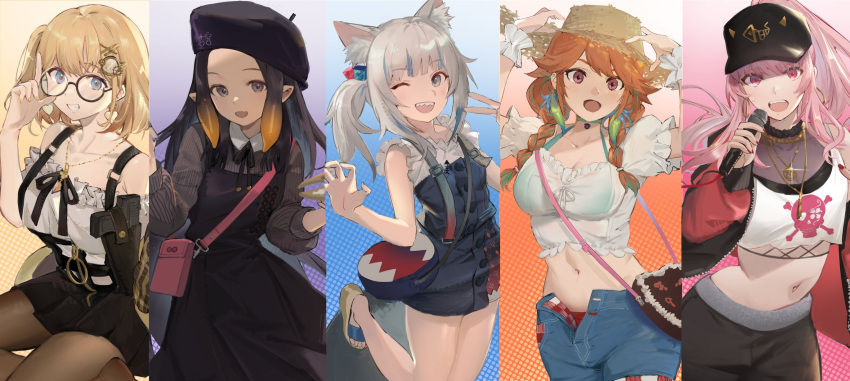 5girls :d animal_ear_fluff animal_ears arms_up art_brush bag bare_shoulders beret black_hair black_headwear black_jacket black_ribbon blonde_hair blue_bag blue_eyes blue_hair blue_nails blush bra braid breasts bubble casual cat_ears checkered checkered_clothing choker cleavage collarbone collared_shirt commentary cowboy_shot cropped denim denim_shorts dress earrings english_commentary eyebrows_visible_through_hair fake_horns fang feather_earrings feathers fingernails fish_bone fish_tail flat_chest forehead frilled_shirt frills gawr_gura glasses glint gold gradient gradient_background gradient_hair green_bra green_choker green_hair grey_eyes grey_hair grey_legwear grey_shirt grin gun hair_ornament hairclip handbag handgun hat hatching_(texture) heart heart_earrings highres holding holding_microphone holding_paintbrush holding_palette hololive hololive_english holster holstered_weapon hoop_earrings horned_headwear horns jacket jewelry key_necklace long_fingernails long_hair long_sleeves looking_at_viewer magnifying_glass microphone midriff monocle_hair_ornament mori_calliope multicolored_clothes multicolored_hair multicolored_jacket multiple_girls nail_polish navel neck_ribbon necklace ninomae_ina'nis no_shoes off-shoulder_shirt off_shoulder official_alternate_costume one_eye_closed one_side_up open_clothes open_jacket open_mouth orange_hair paintbrush palette_(object) pantyhose pinafore_dress pink_bag pink_eyes pink_hair pinstripe_pattern pinstripe_shirt pleated_dress pleated_skirt pointy_ears polka_dot polka_dot_background ponytail puffy_long_sleeves puffy_sleeves purple_eyes red_jacket red_nails ribbon round_eyewear see-through shark_tail sharp_teeth shirt short_hair shorts shoulder_holster side_ponytail sidelocks sideways_hat simple_background sitting skin_fang skirt skull_print smile stitches straw_hat streaked_hair striped sweat symbol-only_commentary tail takanashi_kiara teeth tentacle_hair tsuiru twintails unbuttoned underwear upper_teeth v very_long_hair virtual_youtuber watson_amelia weapon white_background yellow_nails yokozuwari zipper