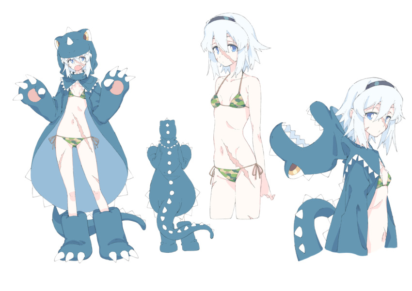1girl bikini blue_eyes breasts camouflage camouflage_bikini character_sheet dinosaur_costume fate/grand_order fate_(series) hairband mary_read_(fate) navel scar scar_on_face scar_on_leg scar_on_stomach small_breasts swimsuit t-okada white_hair