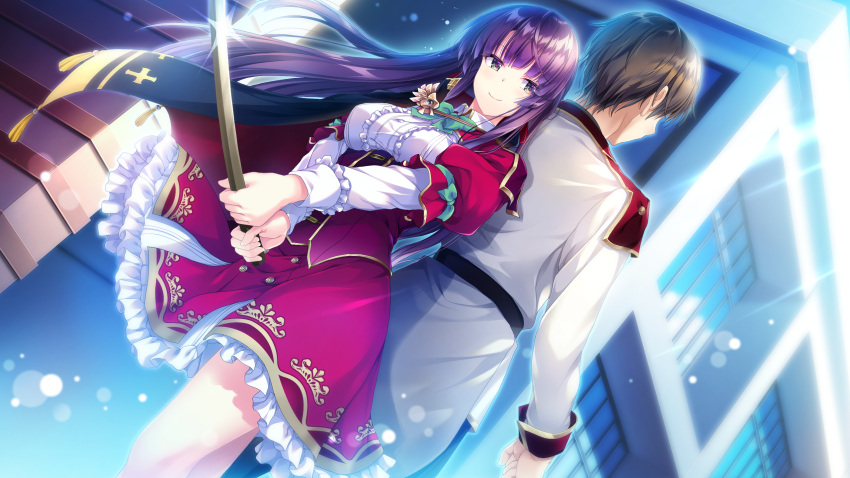 1boy 1girl back-to-back bangs brown_hair closed_mouth dress_shirt floating_hair frilled_skirt frills game_cg green_eyes green_neckwear highres holding holding_sword holding_weapon jacket layered_sleeves long_hair long_sleeves mikage_jun military_jacket miniskirt official_art purple_hair red_skirt secret_agent_~kishi_gakuen_no_shinobi_naru_mono~ shinai shiny shiny_hair shirogane_kagura shirt short_hair short_over_long_sleeves short_sleeves skirt smile standing sword underbust very_long_hair weapon white_jacket white_shirt