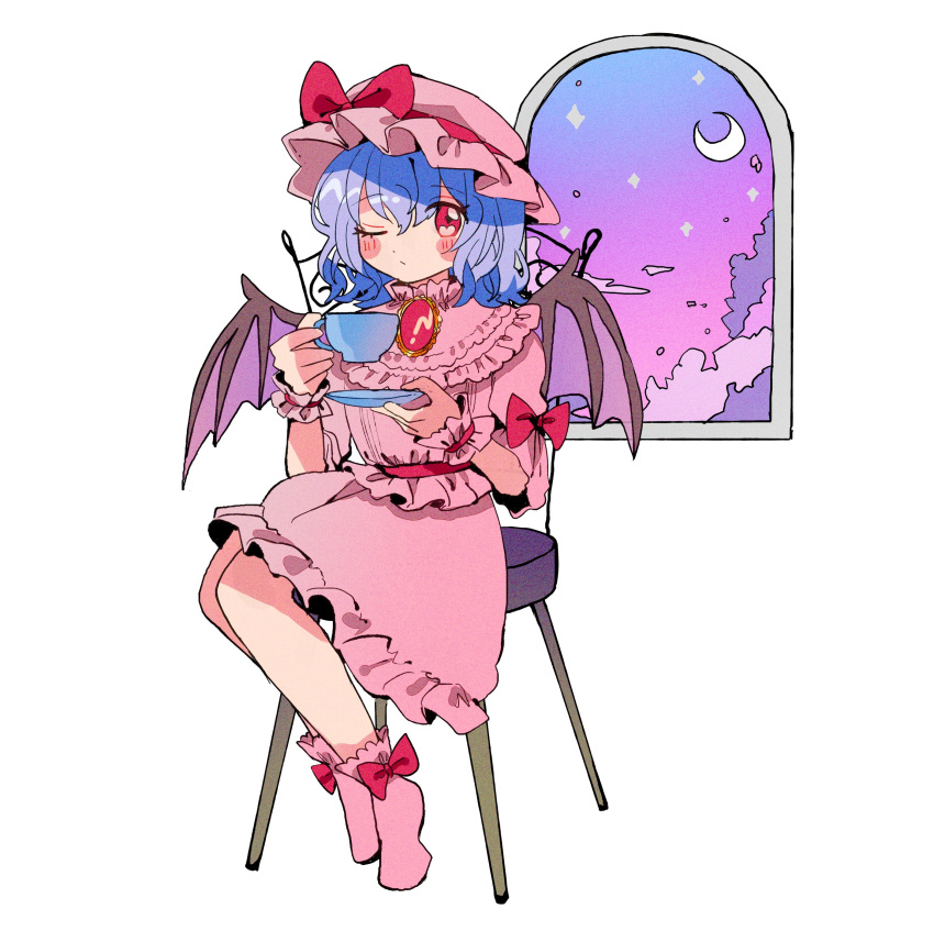 1girl absurdres bangs bat_wings belt blue_hair blue_sky blush boots bow chair closed_mouth commentary crescent cup dress eyebrows_visible_through_hair eyes_visible_through_hair full_body gem gradient gradient_sky hair_between_eyes hands_up hat hat_bow highres jewelry looking_at_viewer mob_cap one_eye_closed pink_belt pink_bow pink_dress pink_footwear pink_headwear pink_sky plate puffy_short_sleeves puffy_sleeves purple_sky red_eyes remilia_scarlet short_hair short_sleeves simple_background sitting sky solo spoon star_(sky) starry_sky tamagogayu1998 touhou white_background window wings wrist_cuffs