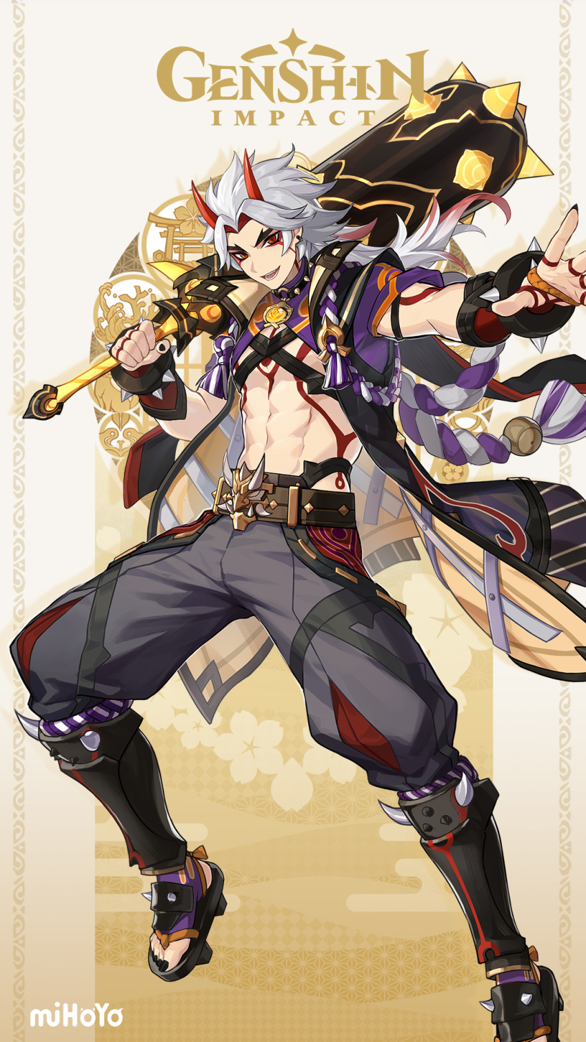 1boy abs arataki_itto bangs black_nails body_markings club_(weapon) english_commentary facial_mark genshin_impact heterochromia highres holding holding_weapon horns japanese_clothes long_hair male_focus multicolored_hair official_art oni oni_horns open_mouth orange_eyes parted_bangs red_eyes red_hair solo spiked_hair spikes toned toned_male weapon