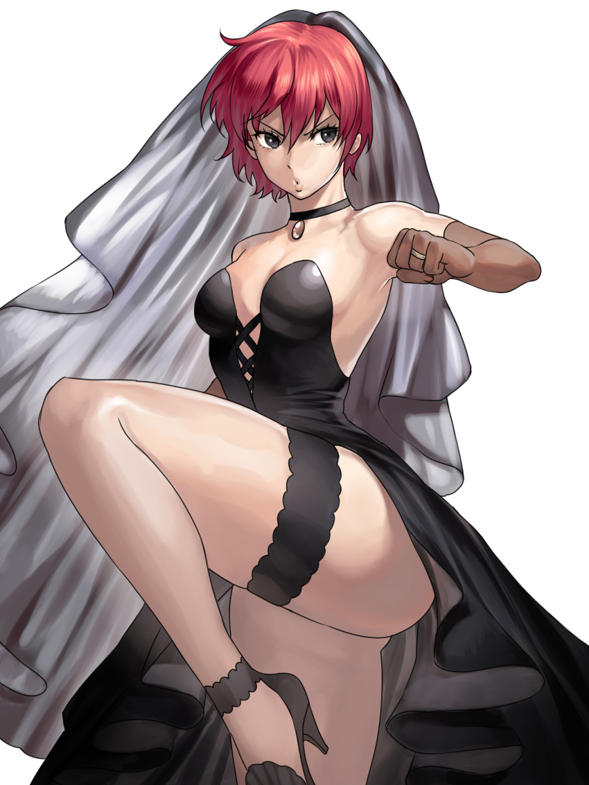 1girl absurdres ankle_garter ass black_choker black_eyes black_footwear breasts bridal_veil bride choker clenched_hand cross-laced_clothes dress elbow_gloves fighting_stance gloves han_soo-min_(hanny) hanny_(uirusu_chan) high_heels highres holding jewelry leg_garter navel no_bra original plunging_neckline red_hair ring sheer_gloves short_hair side_slit simple_background small_breasts solo standing standing_on_one_leg strapless strapless_dress tekken thick_thighs thighs veil wedding wedding_band wedding_dress white_background