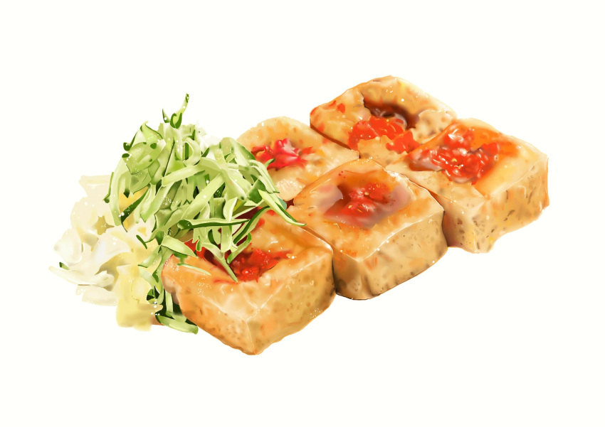 cabbage chili_pepper chinese_commentary commentary_request food food_focus garnish highres hiyokoi2013 no_humans original sauce simple_background snack stinky_tofu tofu vegetable white_background