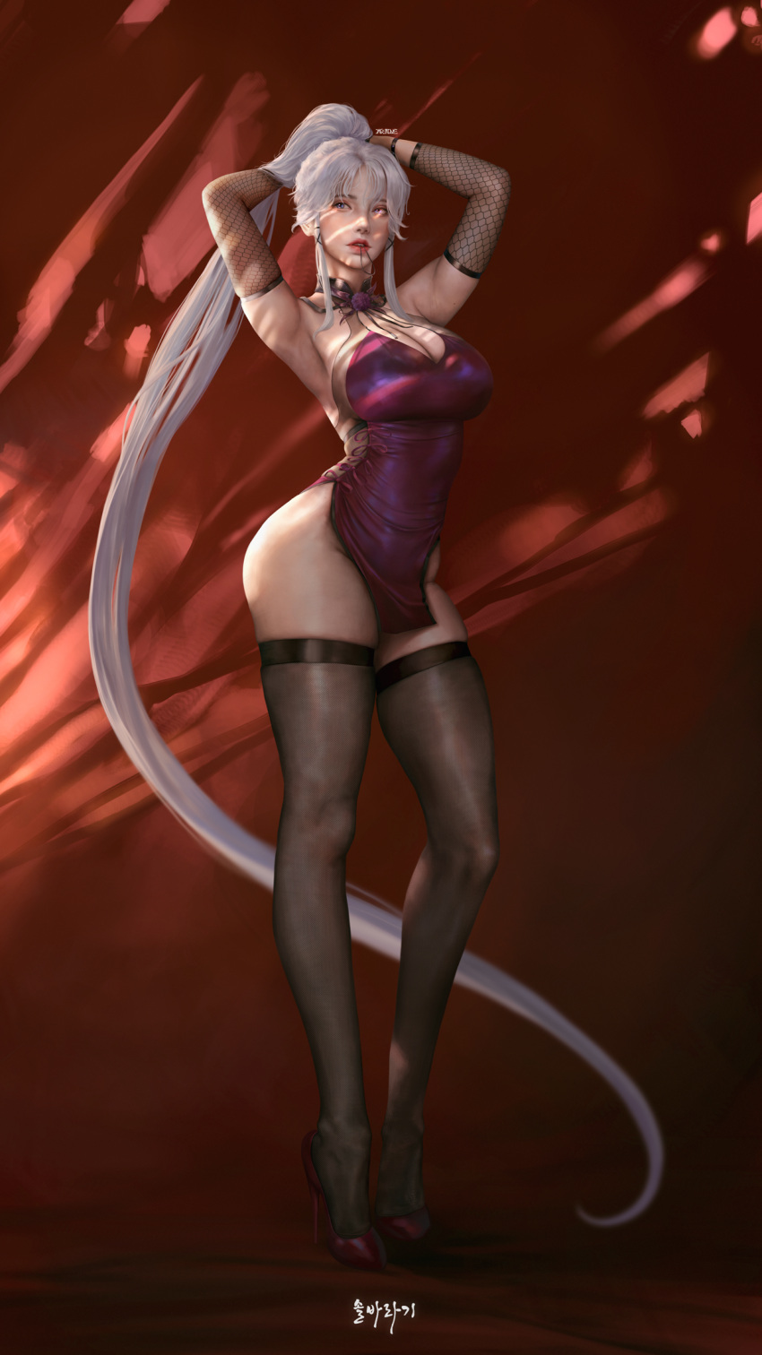 1girl absurdly_long_hair armpits arms_behind_head arms_up bare_shoulders black_ribbon blue_eyes breasts character_request cleavage commentary dress full_body hair_ribbon halterneck hetero high_heels highres jagercoke large_breasts lips long_hair mabinogi mabinogi_heroes mouth_hold ponytail purple_dress purple_footwear red_eyes ribbon skindentation sleeveless sleeveless_dress solo standing thighhighs thighs very_long_hair white_hair