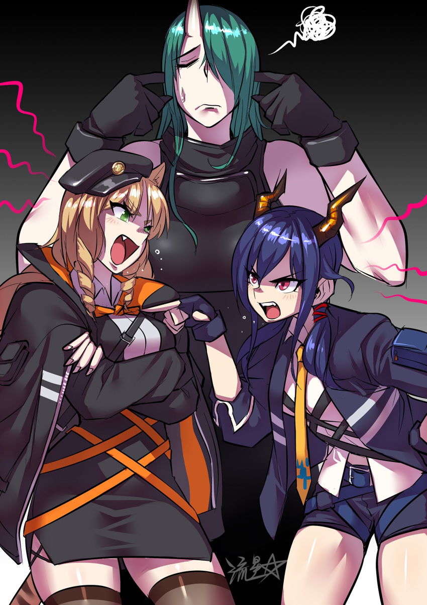 3girls angry animal_ears arguing arknights belt belt_buckle black_gloves black_jacket blonde_hair blue_hair blue_jacket brown_legwear buckle ch'en_(arknights) closed_eyes closed_mouth crossed_arms dragon_girl dragon_horns dragon_tail dress eyebrows_visible_through_hair fang finger_in_ear gloves green_eyes green_hair hair_over_one_eye hair_over_shoulder hands_up height_difference highres horns hoshiguma_(arknights) jacket long_hair low_twintails multiple_girls necktie one_eye_covered oni oni_horns open_mouth pencil_dress pointing_at_another red_eyes ryuusei_(mark_ii) shirt short_dress short_shorts shorts side_slit signature single_horn skindentation squiggle sweat sweatdrop swire_(arknights) tail tall_female thighhighs tiger_ears tiger_girl tiger_tail twintails white_shirt yellow_necktie